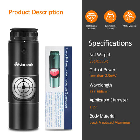 Laser Collimator For Newtonian Dobsonian Telescopes 1.25 Inch Alignment Tool With 7 Red Laser Levels shown with specs