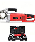 Heavy-Duty Electric Pipe Threader For One Half To 2 Inch Conduit With Integrated Hinge Wrench, red handheld tool with case and attachments.