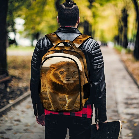 Person wearing Dope Golden Hour Lion Printed Unisex Backpack With Large Capacity For School Travel And Everyday Carry
