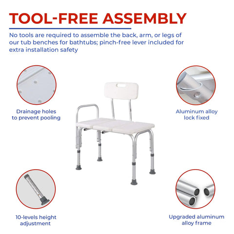 Beefy Heavy Duty Shower Bench With Back Support Adjustable Tub Transfer Seat Non Slip Bath Chair and assembly details