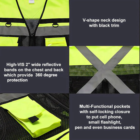 Heavy Duty High Visibility Safety Vest Featuring Breathable Mesh Lining Multiple Storage Pockets And Bright Fluorescent Yellow Fabric For Construction Crew Daily Grind And Rugged Shop Tested Workwear close-up of reflective bands and pockets
