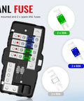 Beefy Heavy Duty Fused Power Distribution Block For Car Audio And Marine Systems 4 Way MIDI Fuse Block With 12V 0 To 4 Gauge Ground Dual Positive and Ground Poles, shown with 30A, 60A, 80A fuses