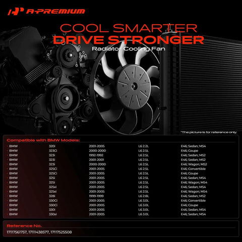 Top Tier High Output Engine Radiator Cooling Fan Assembly OEM fitment for BMW 3 Series 1998-2006 with 6 blades.