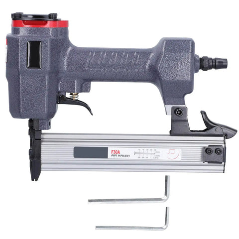No Fuss Pneumatic Brad Nailer Built With Rock Solid Aluminum Frame For Tough Woodworking Tasks Smooth Firing 10 To 30 Mm F Nails Plus Hundred Piece Strip For Swift Trim Cabinet And Furniture Install, side view of brad nailer.