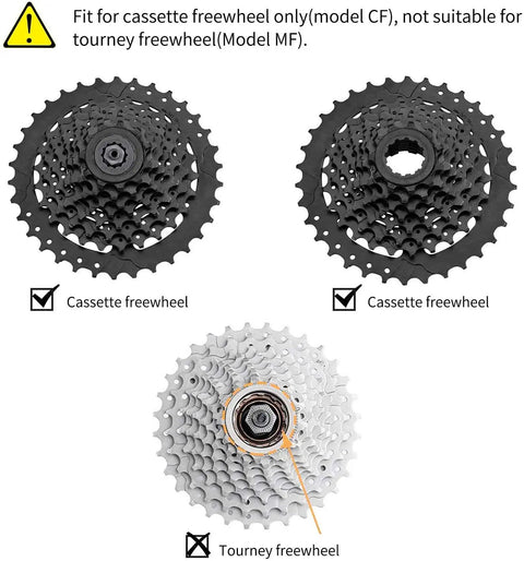 Image showing cassette freewheel compatibility for Chain Whip Tool Kit For Bicycle Cassette Removal Tool And Auxiliary Wrench.
