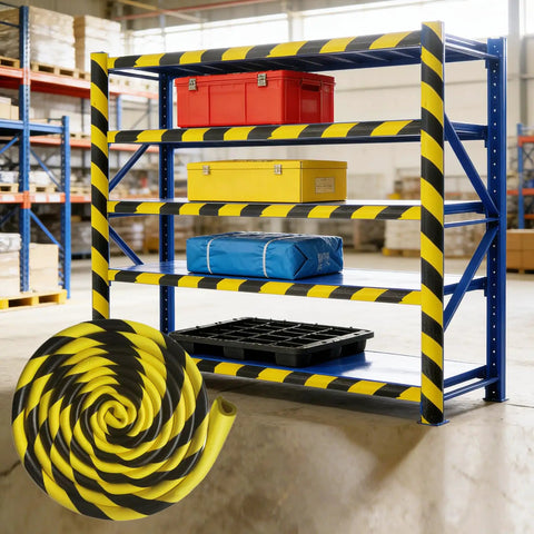 Heavy Duty U Channel Edge Corner Guard 197 Inch Yellow Black Self Adhesive NBR Foam Safety Tape on warehouse shelf with safety items.