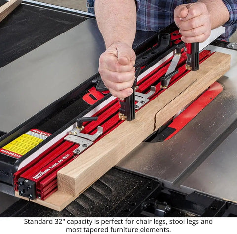 Heavy Hitting 48 Inch Precision Taper Jig For Table Saw with MDF sled, adjusting clamps, and wood piece for precise cuts.