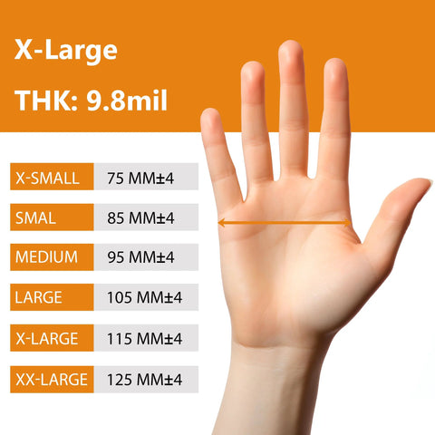 Nitrile gloves size chart on orange background showing X-Large and 9.8 mil thickness with a hand illustration.