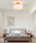 Modern bedroom with Industrial Dope Three-Light Semi Flush Mount Ceiling Light With 14.2 Inch Metal Mesh Cage Shade Black Drum.