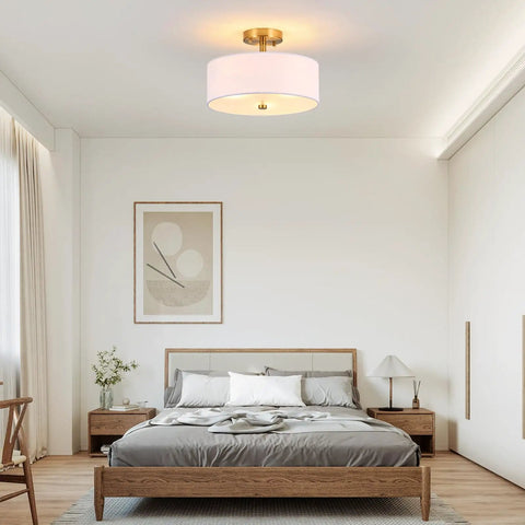 Modern bedroom with Industrial Dope Three-Light Semi Flush Mount Ceiling Light With 14.2 Inch Metal Mesh Cage Shade Black Drum.