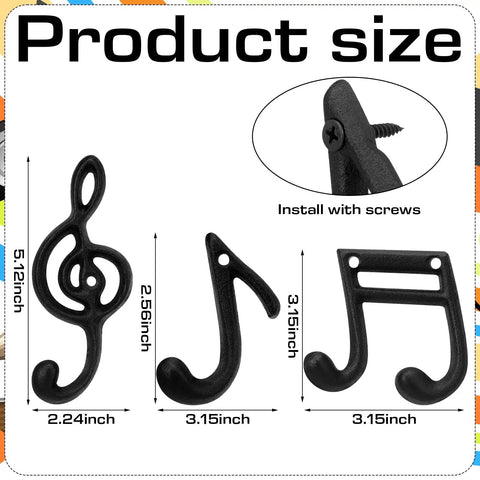 Fresh Black Cast Iron Musical Note Wall Hooks Set Of Three Decorative Coat Rack With Mounting Screws, sizes shown in image.