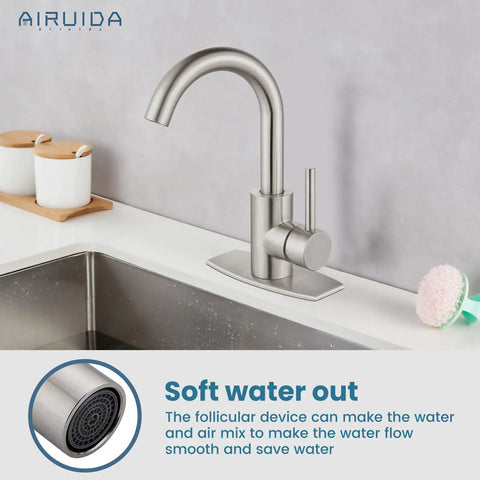 Single Hole Bathroom Faucet With 360 Degree Swivel Spout, 304 Stainless Steel, Brushed Nickel Finish on a kitchen sink