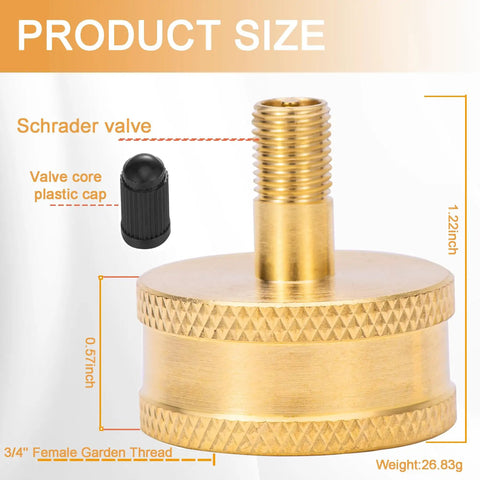 Beast RV Brass Blow Out Plug Adapter 3/4 Inch GHT Female And Male Garden Hose Quick Connect with dimensions and Schrader valve