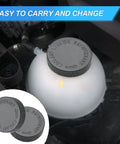 Installed view of 2 Pack Coolant Reservoir Cap Replacement For Universal Radiator Overflow Tank Black Cap With Leak Free Seal Compatible With OEM 21712 79900 Water And Antifreeze System Plug And Play Easy Install For Most Vehicles.