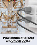 Two Grounded Outlet With On Off Switch Two Pack 3 Prong Surge Protector 245J plugged into a wall socket, power indicator visible.