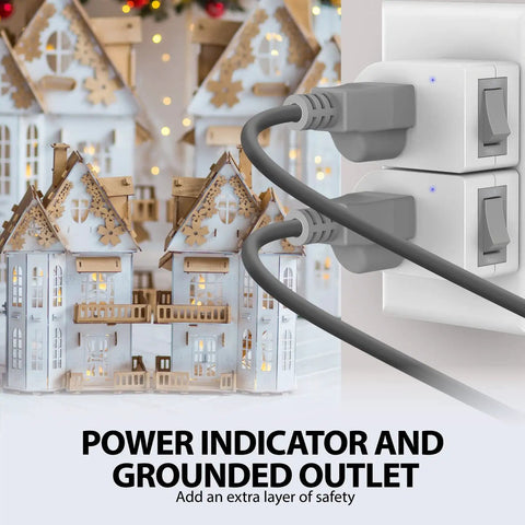 Two Grounded Outlet With On Off Switch Two Pack 3 Prong Surge Protector 245J plugged into a wall socket, power indicator visible.