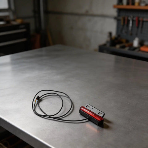 Must Have E Bike Tail Light For 24 To 48V Systems Packed With Super Bright Led Rear Lamp That Flashes During Brakes And Stays Lit At Night Ensuring You Stay Safe And Visible On The Road While Rocking That Cool IPX4 Water Resistance Level. compact red LED e-bike tail light with cable on metal workbench