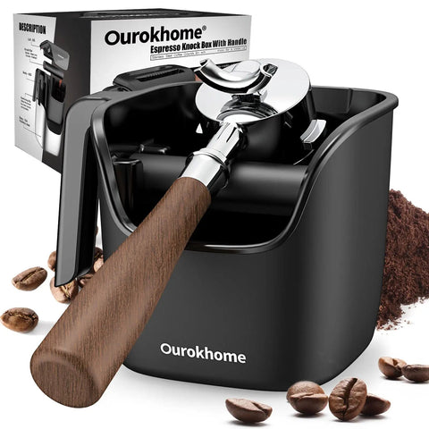 Knock Box For Espresso Grounds, Go To Pro Grade Stainless Steel Barista Tool With Removable Knock Bar, Handle And Lid, Dishwasher Safe, 4.8 Inch, Black, Your Countertops Stay Clean Between Shots displayed with coffee beans and grounds.