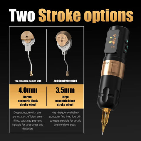 Shura-X Wireless Tattoo Machine Kit showing 4.0mm and 3.5mm stroke wheels, rotary pen for clean lining and bold color packing.