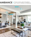 Living room with Square 4 Inch LED Recessed Lighting showing 3000K and 5000K color options for ambient atmosphere.