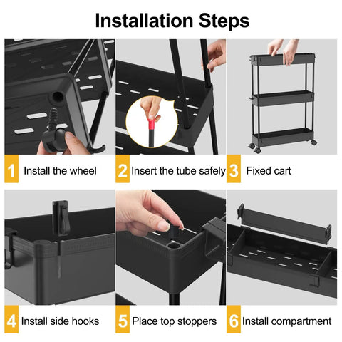 Installation steps for Slim Four Tier Storage Cart Rolling Organizer, showing assembly and parts like wheels and hooks.