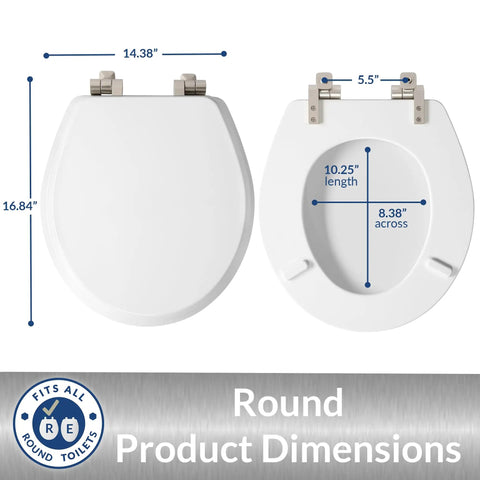 Round White Toilet Seat With Brushed Nickel Hinges Slow Close Wood Seat Secure Metal Hinges Easy Install Made In USA Quiet Soft Close Durable Comfort For Any Standard Toilet showing dimensions