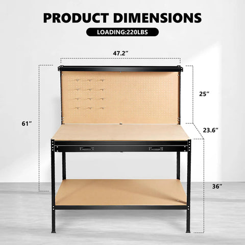 63 Inch Heavy Duty Workbench With Deep Drawers And Pegboard, Rock Solid Workshop Table For Garage Or Home Shop, 300 Lb Steel Frame Tool Storage Workstation Rig