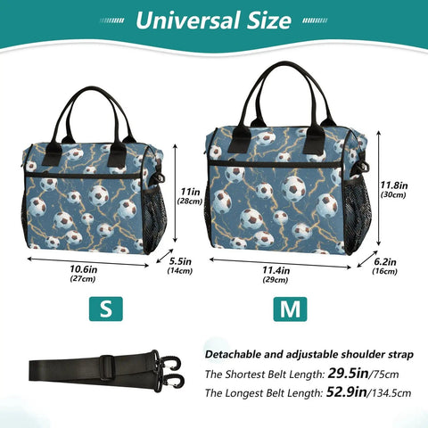 Insulated Lunch Box With Soccer Balls Design Light Blue Medium Grab And Go Meal Prep Lunch Bag Durable Nylon Exterior Pearl Cotton Insulation Keeps Food Fresh All Day Easy Carry Handle, size comparison with strap