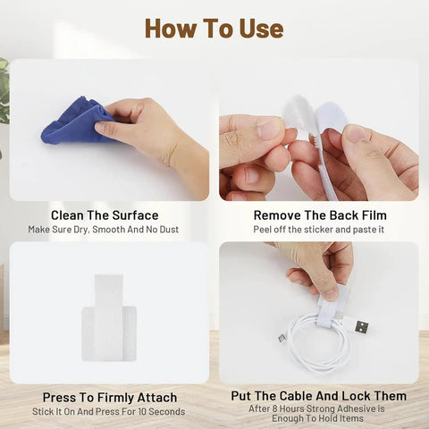 Step-by-step instructions for using Heavy Duty Cable Organizer Kit For Desk And PC Setup Reusable Nylon Cable Ties.