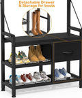 Five In One Entryway Hall Tree With Bench And Coat Rack Freestanding Black Space Saving Shoe Organizer with boots and shoes