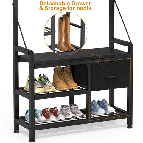 Five In One Entryway Hall Tree With Bench And Coat Rack Freestanding Black Space Saving Shoe Organizer with boots and shoes
