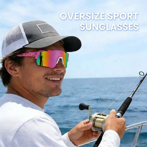 Polarized Sports Sunglasses With UV 400 Protection For Women And Men, ultra lightweight frameless running glasses in pink on a person fishing