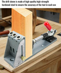 Pro Grade All Metal Pocket Hole Jig Kit For Woodworking on workbench, showing drill sleeve and inclined hole locator.
