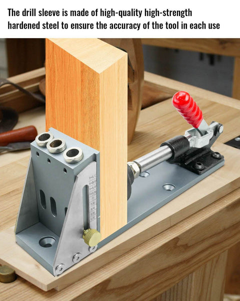 Pro Grade All Metal Pocket Hole Jig Kit For Woodworking on workbench, showing drill sleeve and inclined hole locator.
