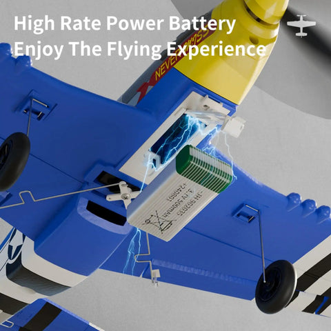 Underside view of P51D Mustang RC Plane 4 Channel Fighter with visible power battery and 6 Axis Gyro Stabilization connections