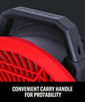 Close-up of V20 Max Cordless 12 Inch Portable Fan with convenient carry handle, dual power, red and black, for garage or outdoor use.