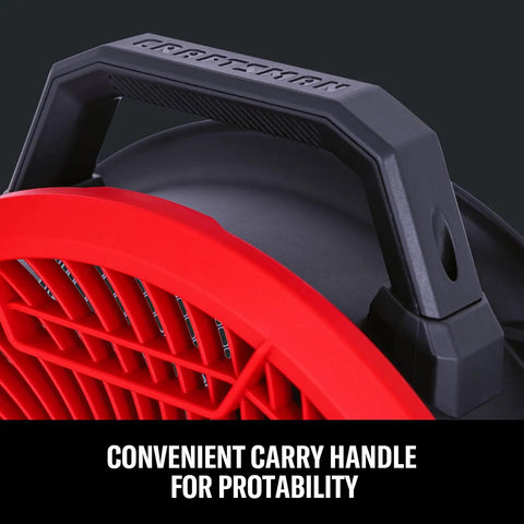 Close-up of V20 Max Cordless 12 Inch Portable Fan with convenient carry handle, dual power, red and black, for garage or outdoor use.