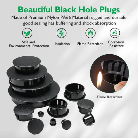 2 Inch Plastic Hole Plugs Flush Type Panel Snap In Locking Door Shelf Hole Cover For Round Drilling Holes Cabinet Cupboard Shelves End Caps Black Set Of 4 displayed with flame retardant feature