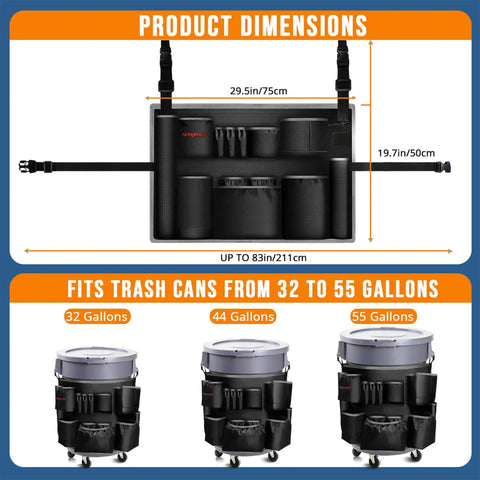 Heavy Duty Trash Can Caddy Apron For 32-55 Gallon Bins With Pro Grade Nylon Organizer And Adjustable Straps Commercial Cleaning Supplies Holder For Janitorial Duties Quick Install And Secure Fit, showing size dimensions and fits for 32, 44, and 55-gallon bins.