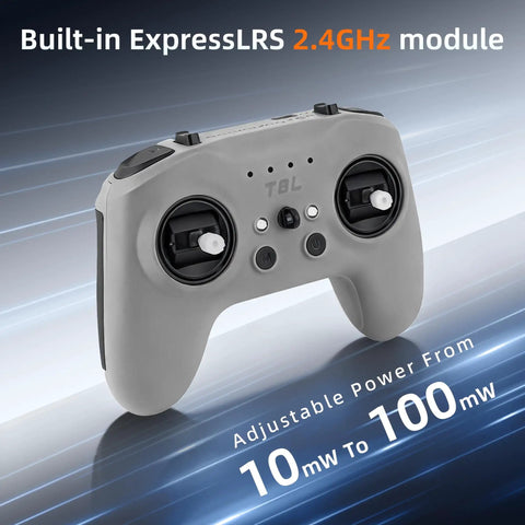 Gray T8L ELRS 2.4GHz Radio Transmitter With Hall Effect Gimbals shown with shadow on blue background, front-facing view