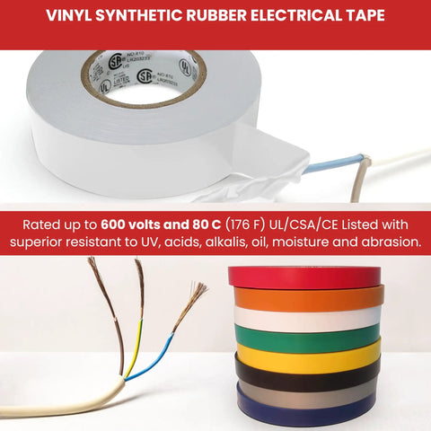 Vinyl synthetic rubber electrical tape in multiple colors with text describing its high voltage resistance and UL/CSA listing.