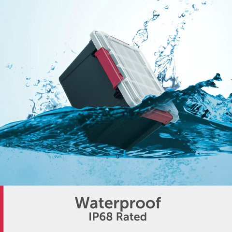 Six Pack Five Gallon Waterproof Storage Totes IP68 Submersible Plastic Bins With Airtight Silicone Seals floating in water.