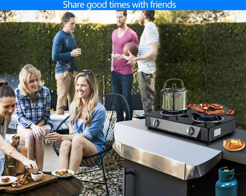 Group enjoying backyard BBQ with Propane Stove 2 Burner Gas Cooktop With Auto Ignition 26000 BTU Tempered Glass Outdoor Cooker