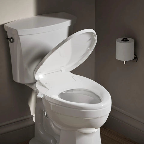 Manual Dual Wand Bidet Toilet Seat With Quiet Close Elongated Design, open on white toilet, view from side