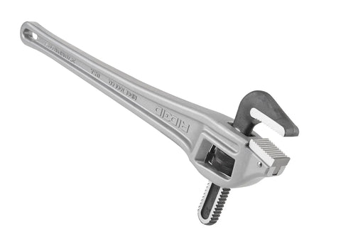 24 Inch Aluminum Offset Pipe Wrench With Narrow Hook Jaw For Tight Spots And Angles Lightweight Yet Durable Beast Of A Plumbing Tool For Confined Spaces shown at an angle