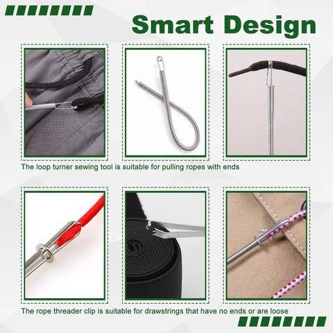 Four Piece Drawstring Threader Tool Set In Stainless Steel, Includes Long Loop Turners And Short Rope Threading Clips shown
