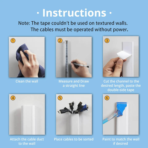Instruction steps for Big TV Cord Hider For Wall Mounted TVs 32 Inch White Cable Cover Kit with images of cleaning, measuring, cutting.