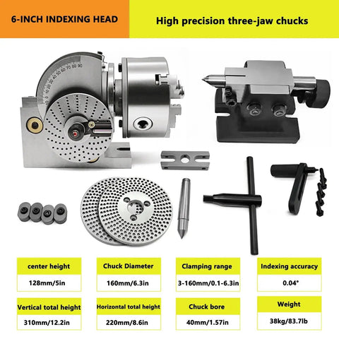 Heavy Duty Dividing Head With Precision Indexing Plates, Made For Vertical And Horizontal Milling Machines, Features a three-jaw chuck and tailstock.