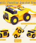 Luggage: Yellow PUQU monster-truck design kids travel suitcase with wheels (front view)