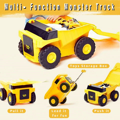 Luggage: Yellow PUQU monster-truck design kids travel suitcase with wheels (front view)